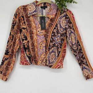 Rachel Zoe Boho Cropped Wrap Top Collared Multi XS New‎